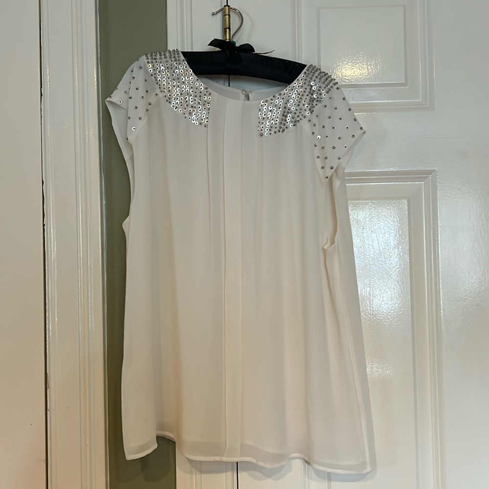 Ann Taylor flowy white sleeveless blouse with bedazzled silver accents size S